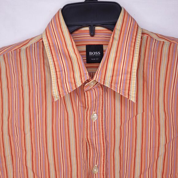 Hugo Boss Shirt Mens Medium Striped Orange Slim Fit - Picture 1 of 12